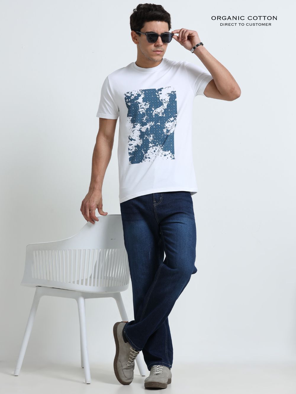 Pearl Wave Organic Cotton Printed T-Shirt for Men's – White