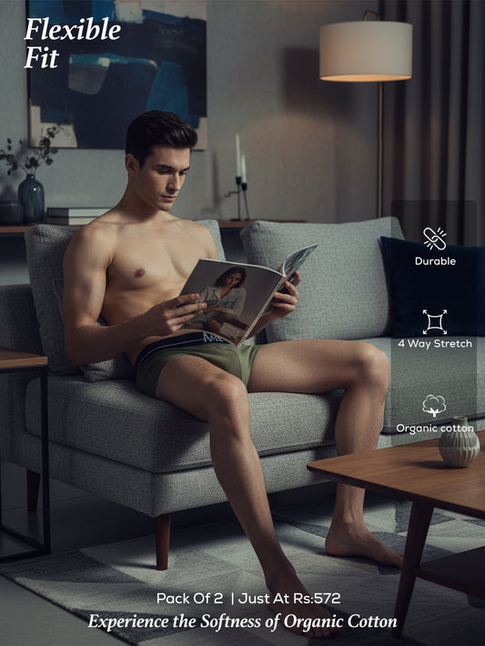 Olive Green and Magenta Organic Cotton Super Stretch Brief Outer Elastic Waistband - Pack of 2