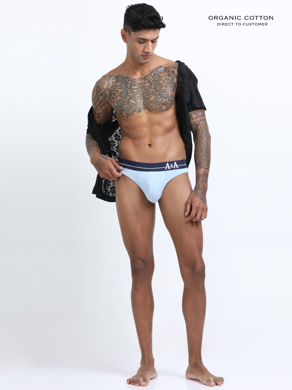 Medieval Blue and Light Blue Organic Cotton Bikini Brief With Outer Elastic Waistband - Pack of 2