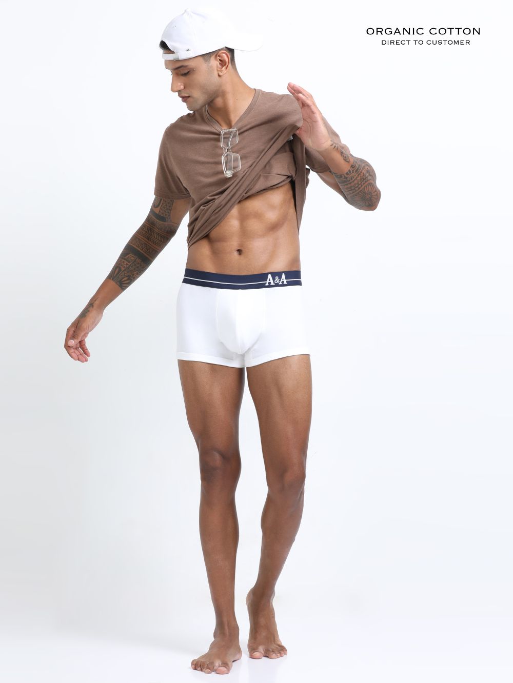 White and White Organic Cotton super stretch Trunk with Outer Elastic Short Length Waistband - Pack of 2