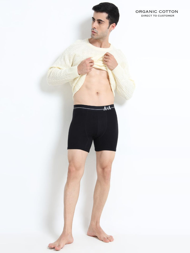 Black and Black Organic Cotton super stretch Trunk with Outer Elastic Long Length Waistband - Pack of 2