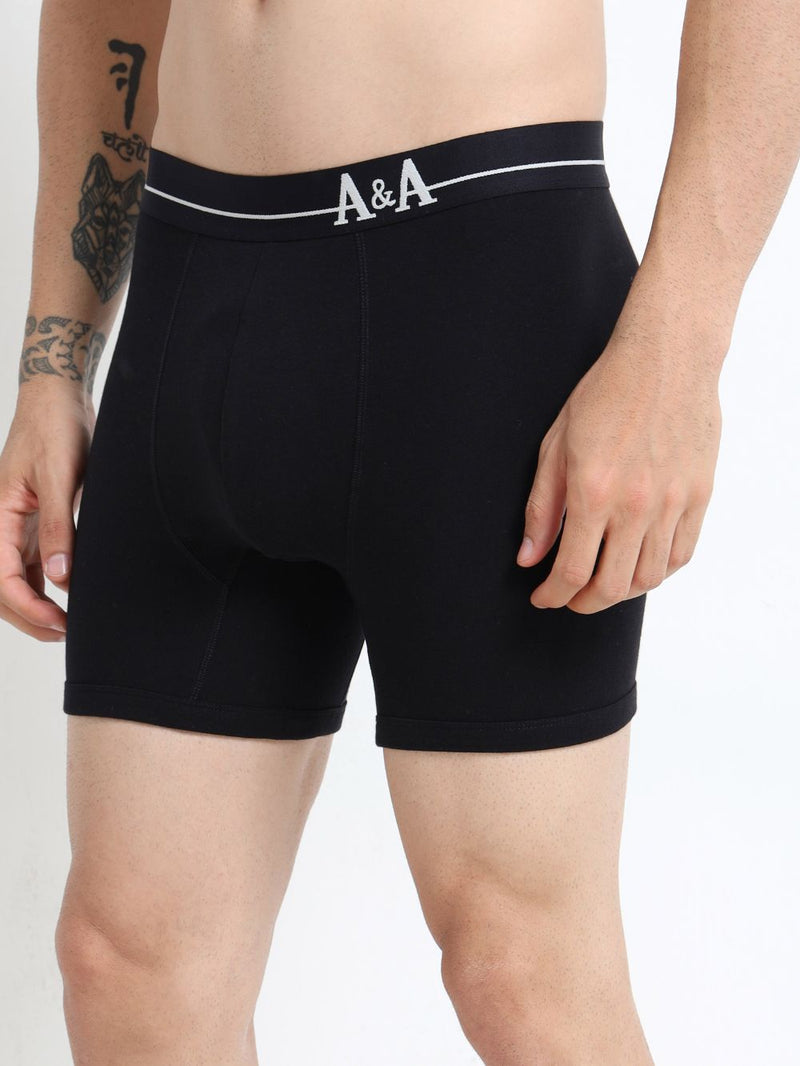 Black and Black Organic Cotton super stretch Trunk with Outer Elastic Long Length Waistband - Pack of 2