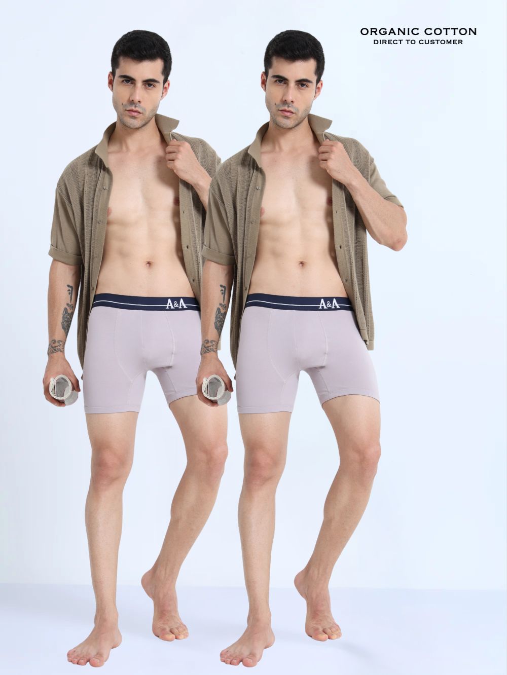 Gull Grey and Gull Grey Organic Cotton super stretch Trunk with Outer Elastic Long Length Waistband - Pack of 2