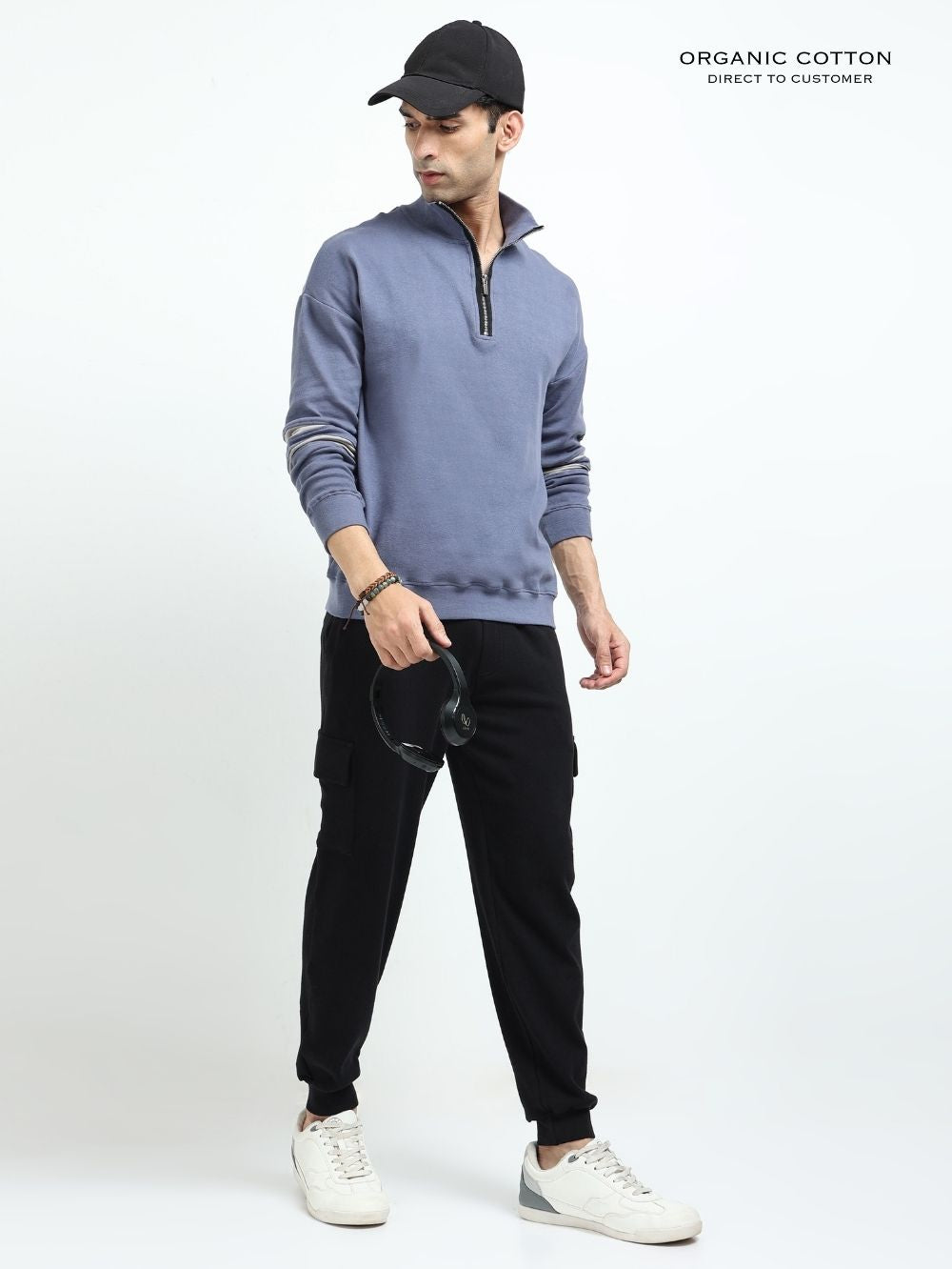 Blueish Grey A & A Mens Organic Cotton Zip-Neck Pullover