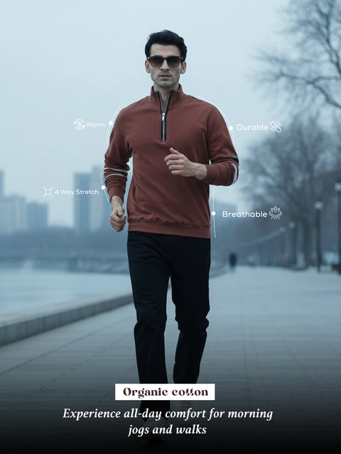 Brown A & A Mens Organic Cotton Zip-Neck Pullover