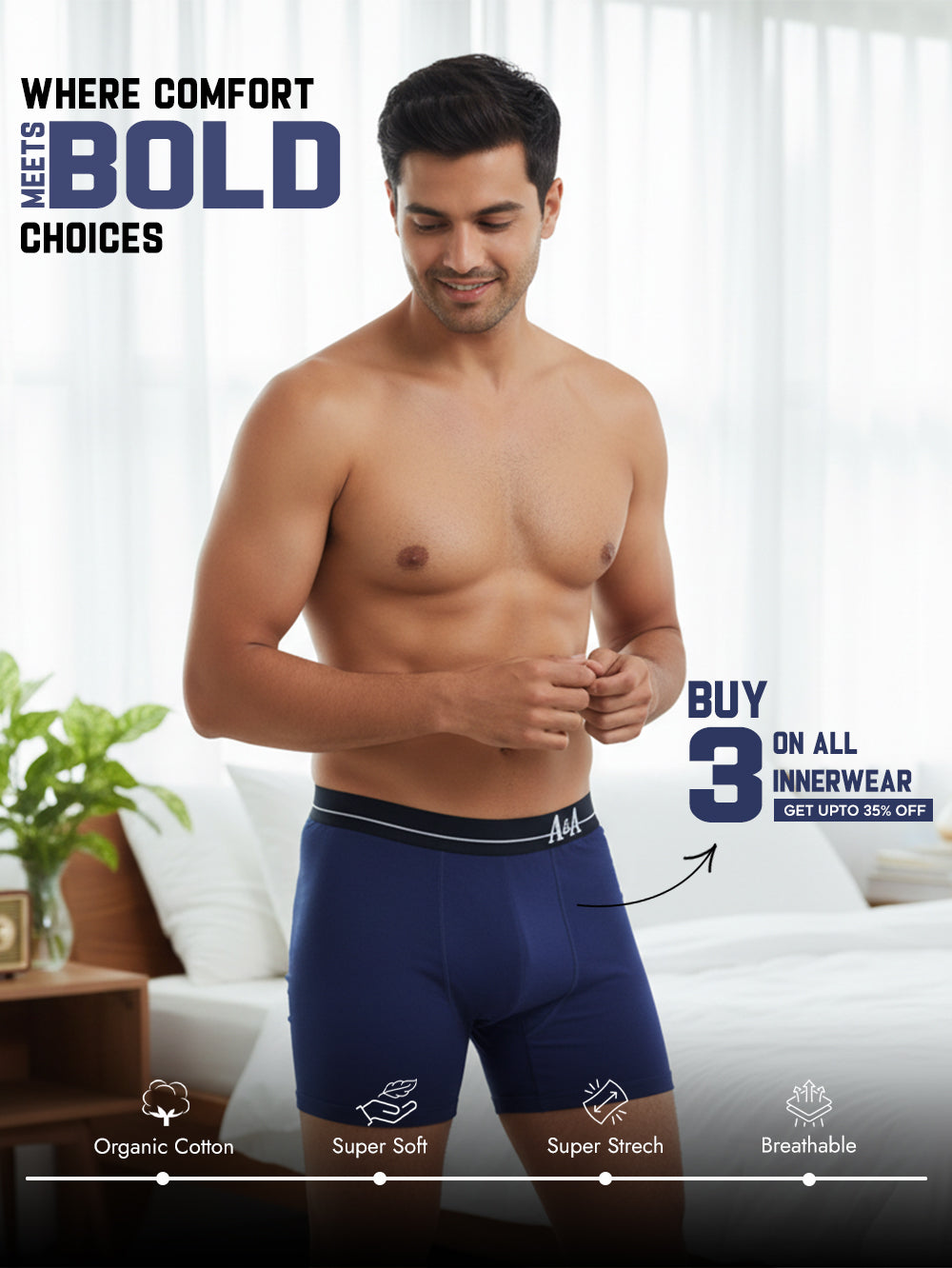 Medieval Blue and Medieval Blue Organic Cotton super stretch Trunk with Outer Elastic Long Length Waistband - Pack of 2