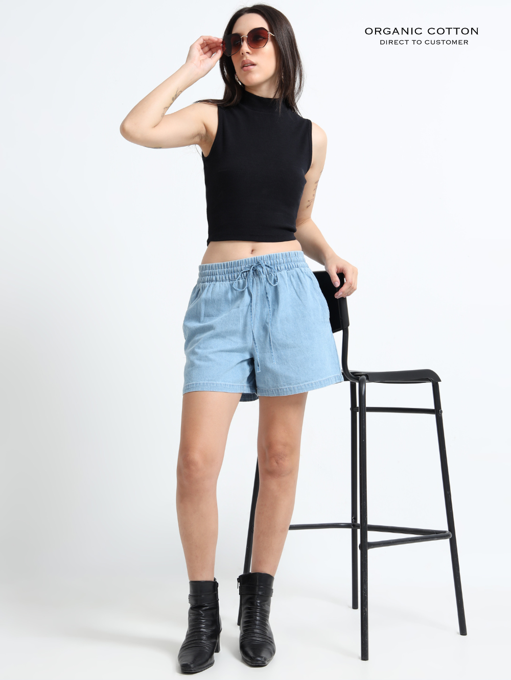BLACK ORGANIC COTTON RIB SLEEVE LESS HIGH NECK FITTED CROP TOP