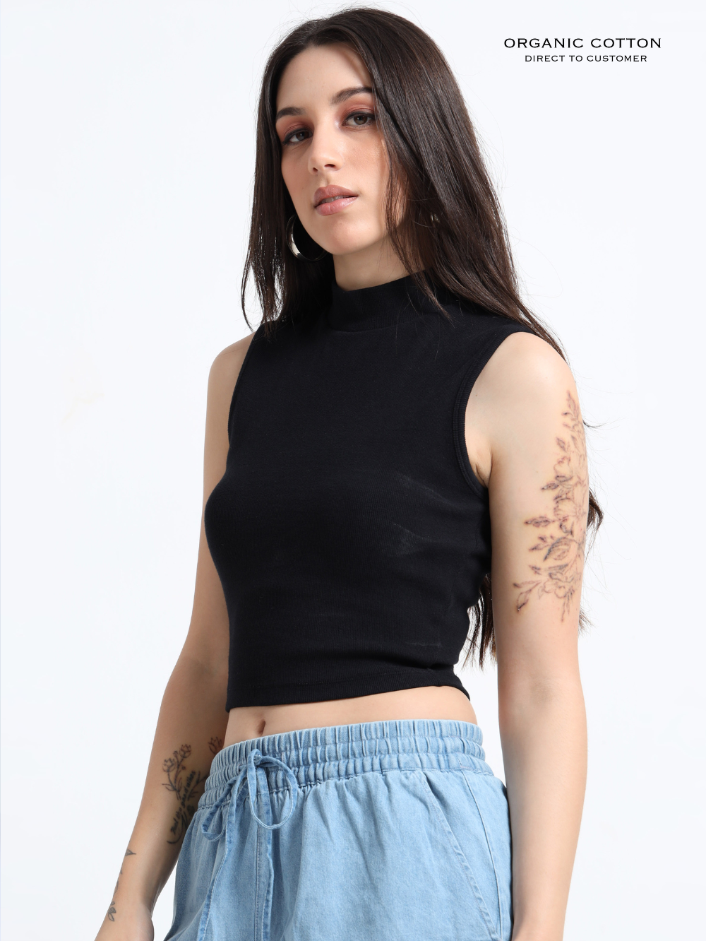 BLACK ORGANIC COTTON RIB SLEEVE LESS HIGH NECK FITTED CROP TOP