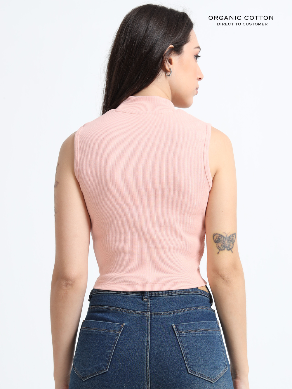 EVENING SAND ORGANIC COTTON RIB SLEEVE LESS HIGH NECK FITTED CROP TOP