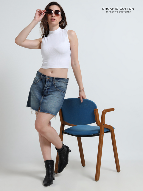 WHITE ORGANIC COTTON RIB SLEEVE LESS HIGH NECK FITTED CROP TOP