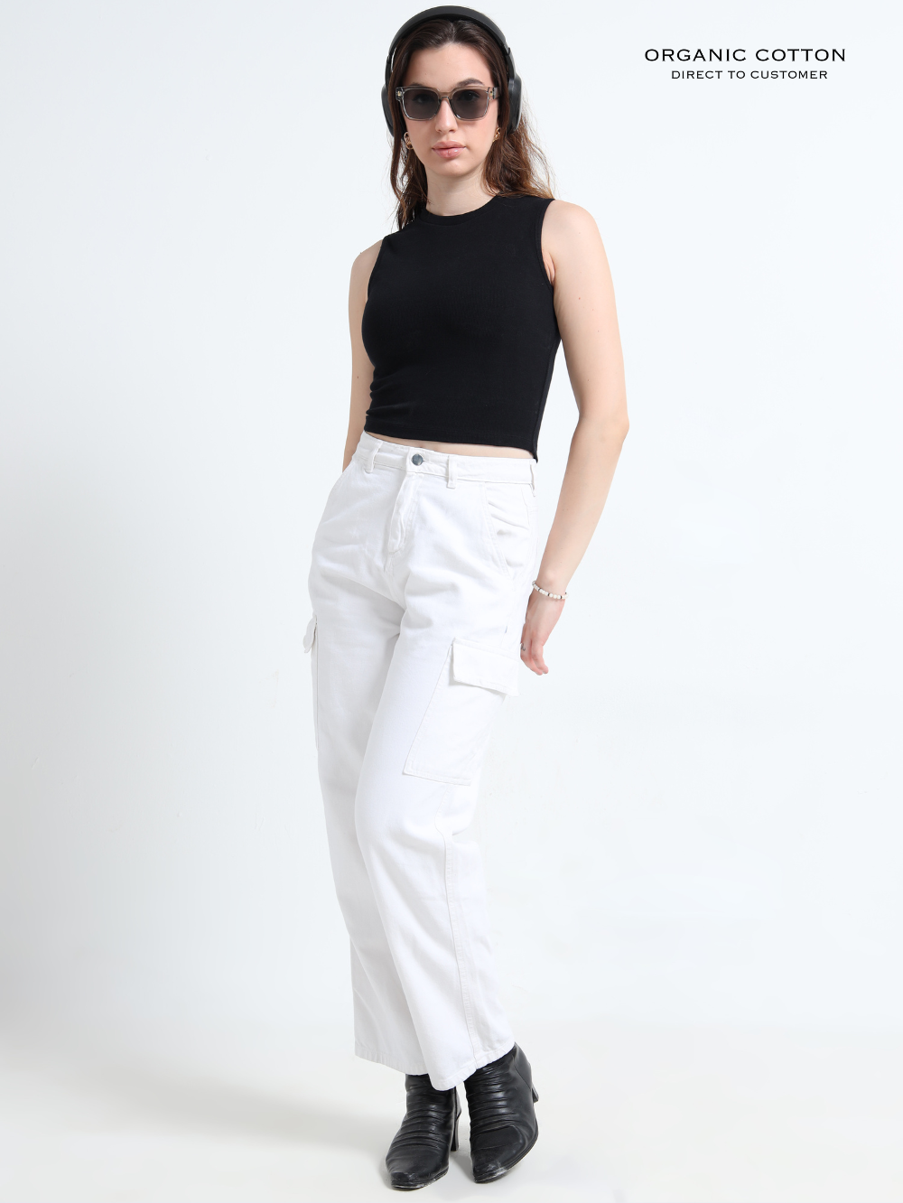 BLACK ORGANIC COTTON RIB SLEEVE LESS ROUND NECK FITTED CROP TOP