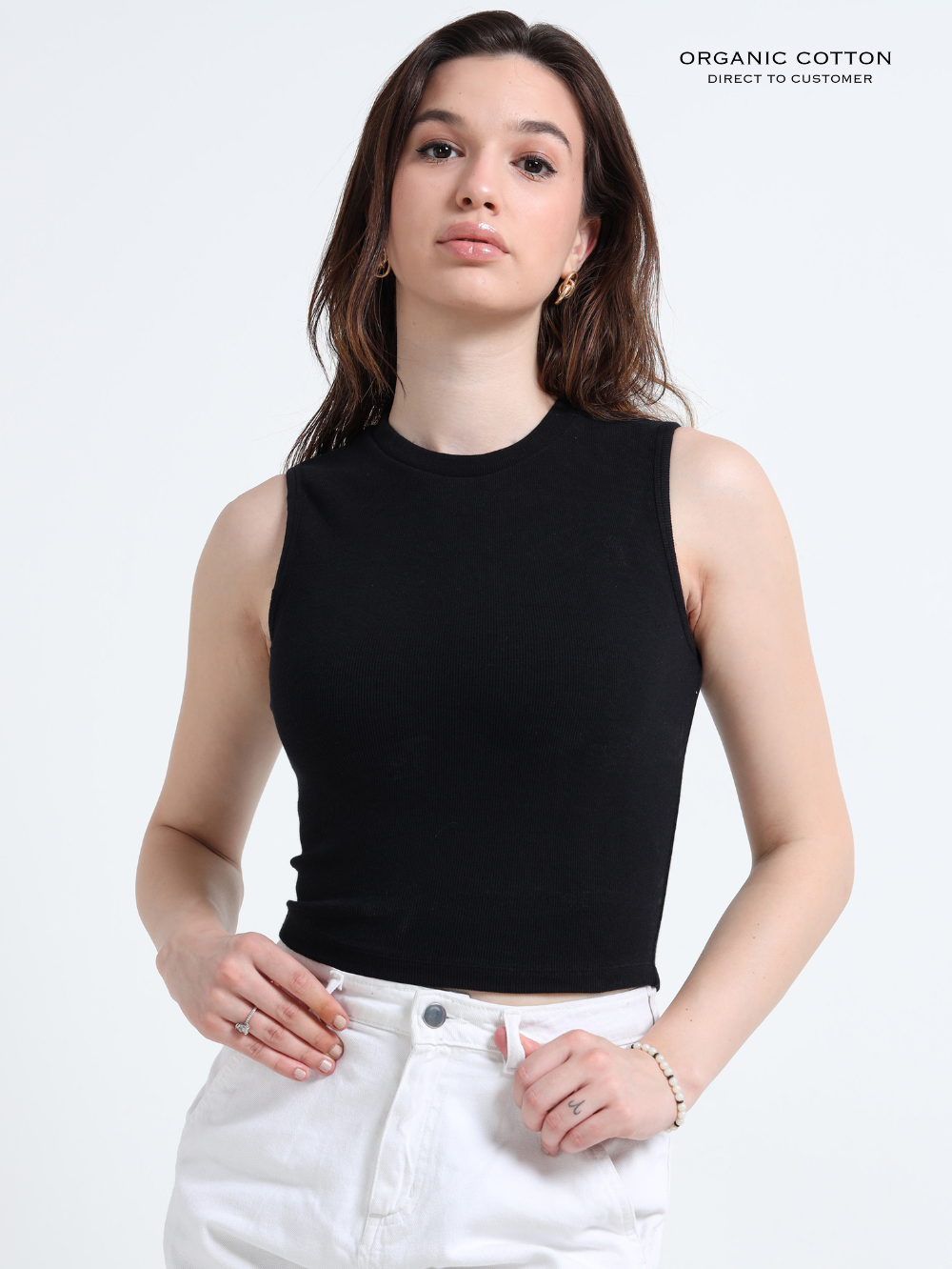 BLACK ORGANIC COTTON RIB SLEEVE LESS ROUND NECK FITTED CROP TOP
