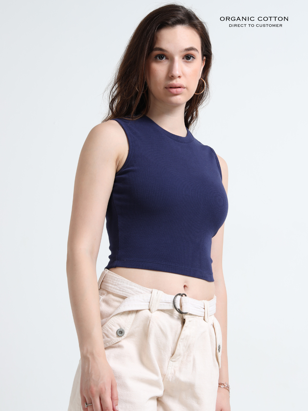 MEDEIVAL BLUE ORGANIC COTTON RIB SLEEVE LESS ROUND NECK FITTED CROP TOP
