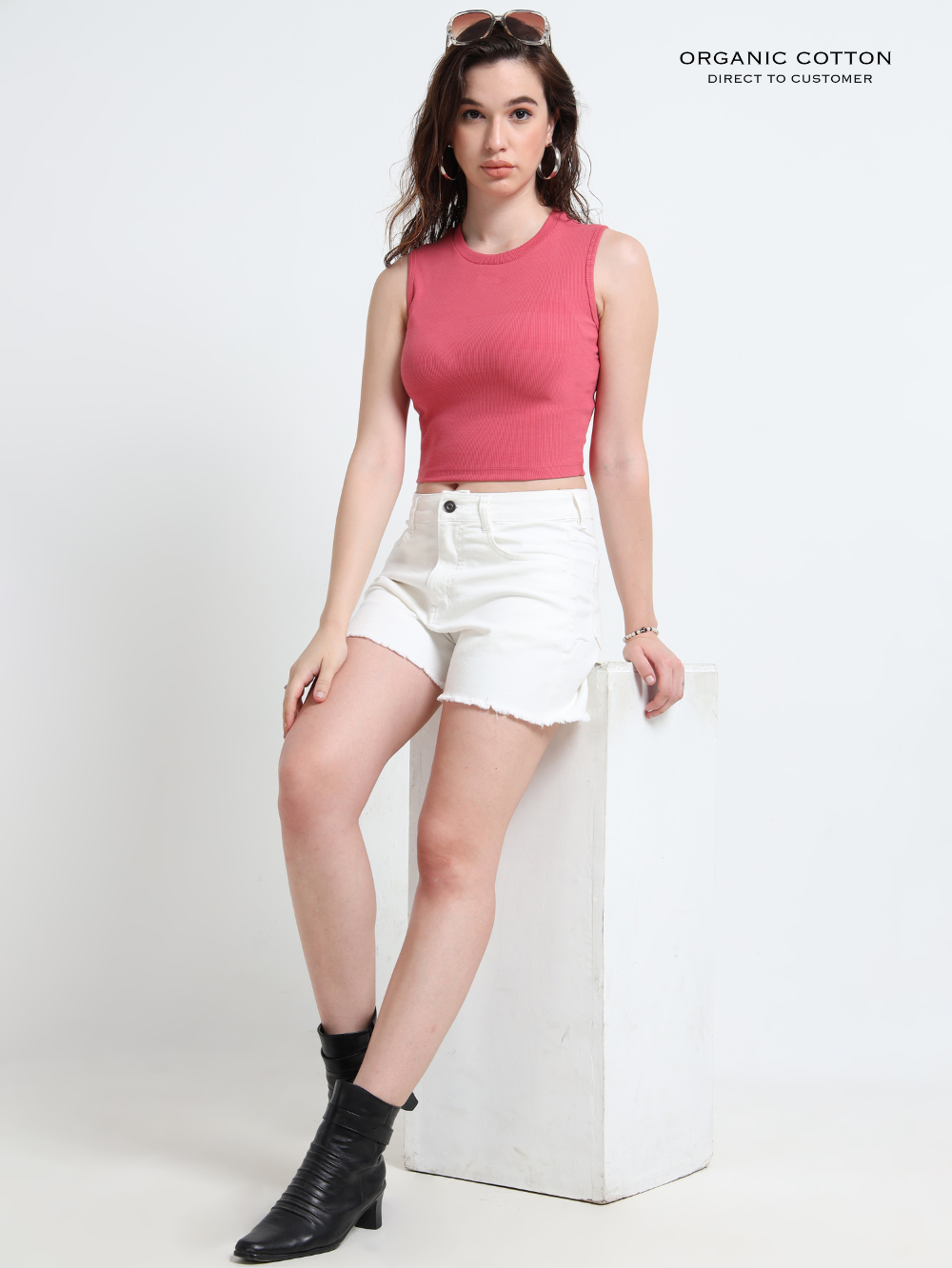 MAGENTA ORGANIC COTTON RIB SLEEVE LESS ROUND NECK FITTED CROP TOP
