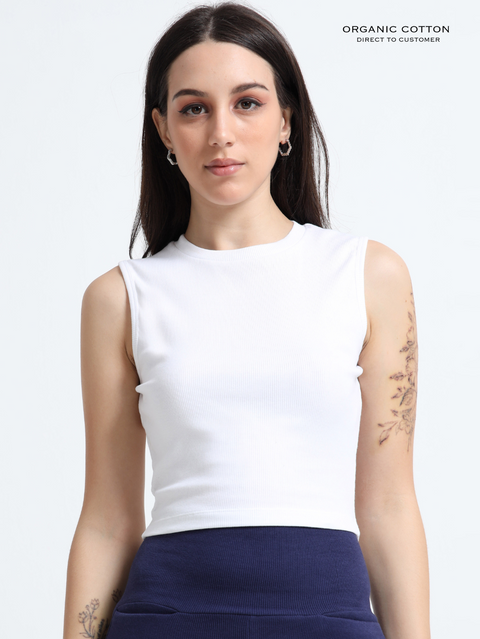 WHITE ORGANIC COTTON RIB SLEEVE LESS ROUND NECK FITTED CROP TOP