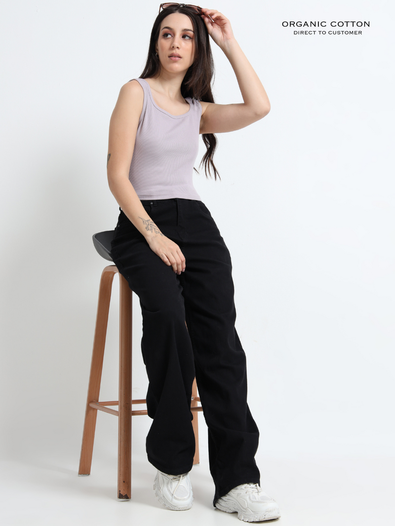 GULL GREY ORGANIC COTTON RIB SLEEVELESS SQUARE NECK FITTED CROP TOP