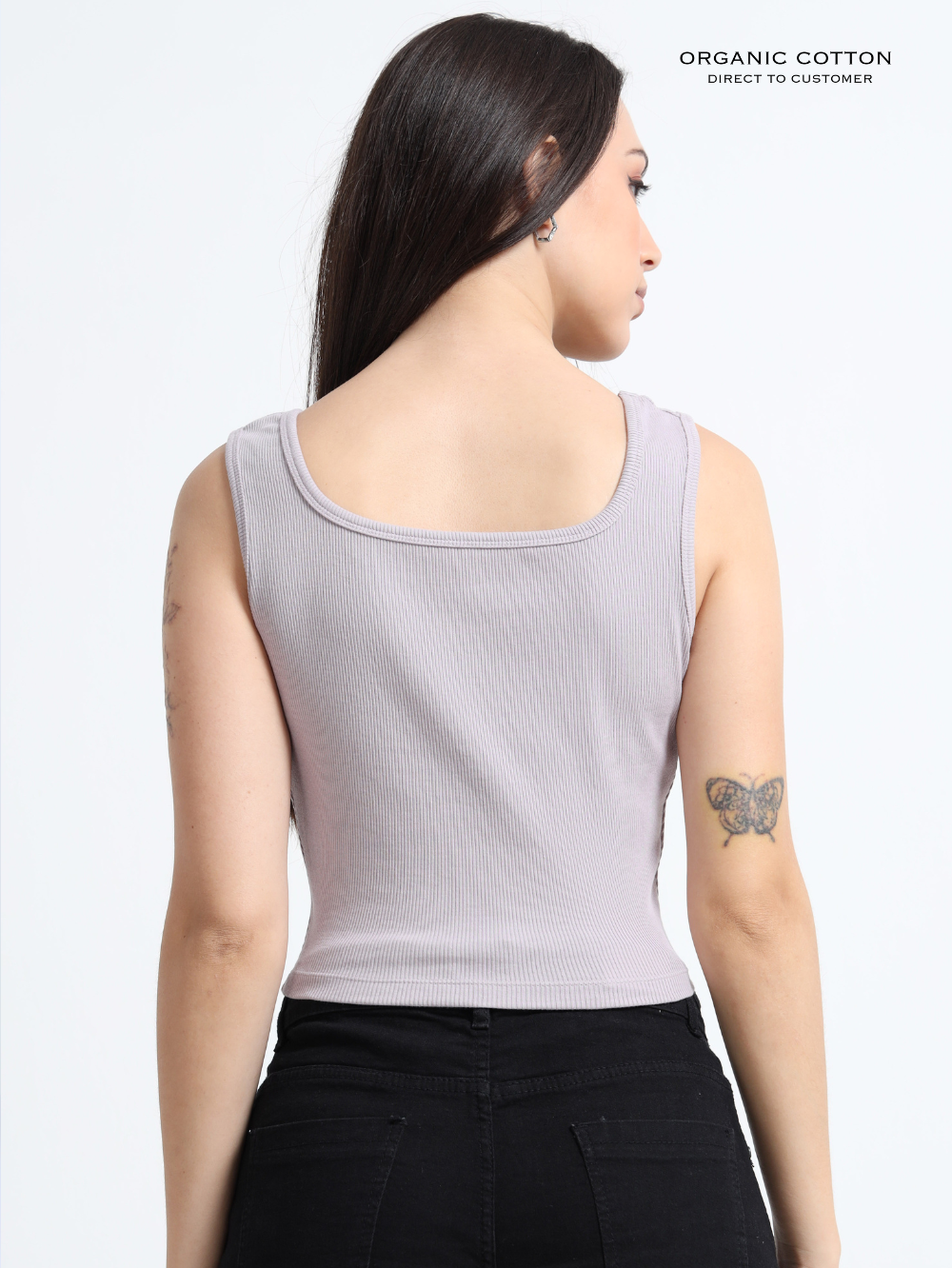GULL GREY ORGANIC COTTON RIB SLEEVELESS SQUARE NECK FITTED CROP TOP
