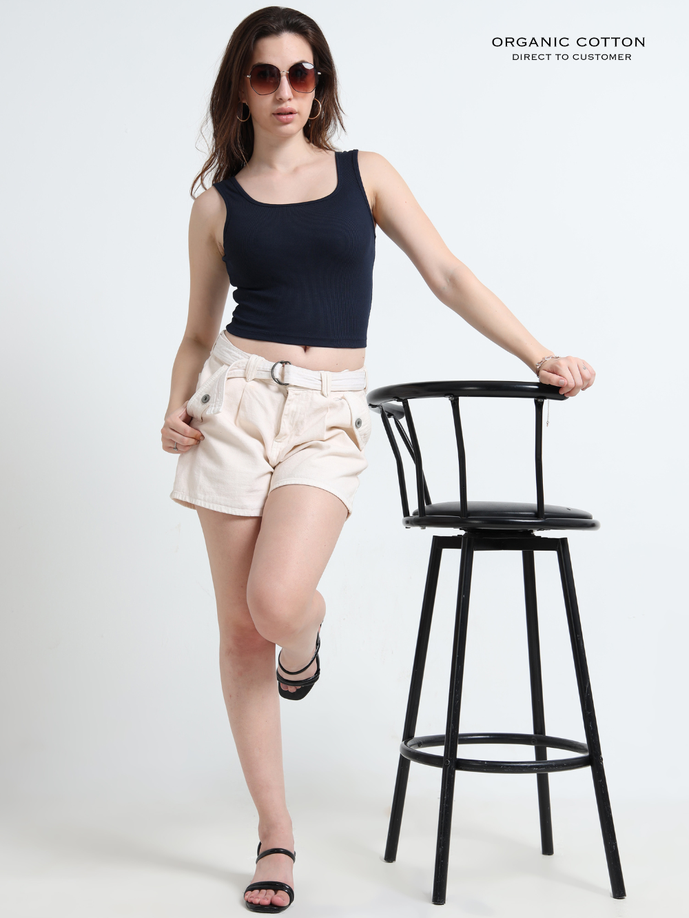 MEDEIVAL BLUE ORGANIC COTTON RIB SLEEVELESS SQUARE NECK FITTED CROP TOP