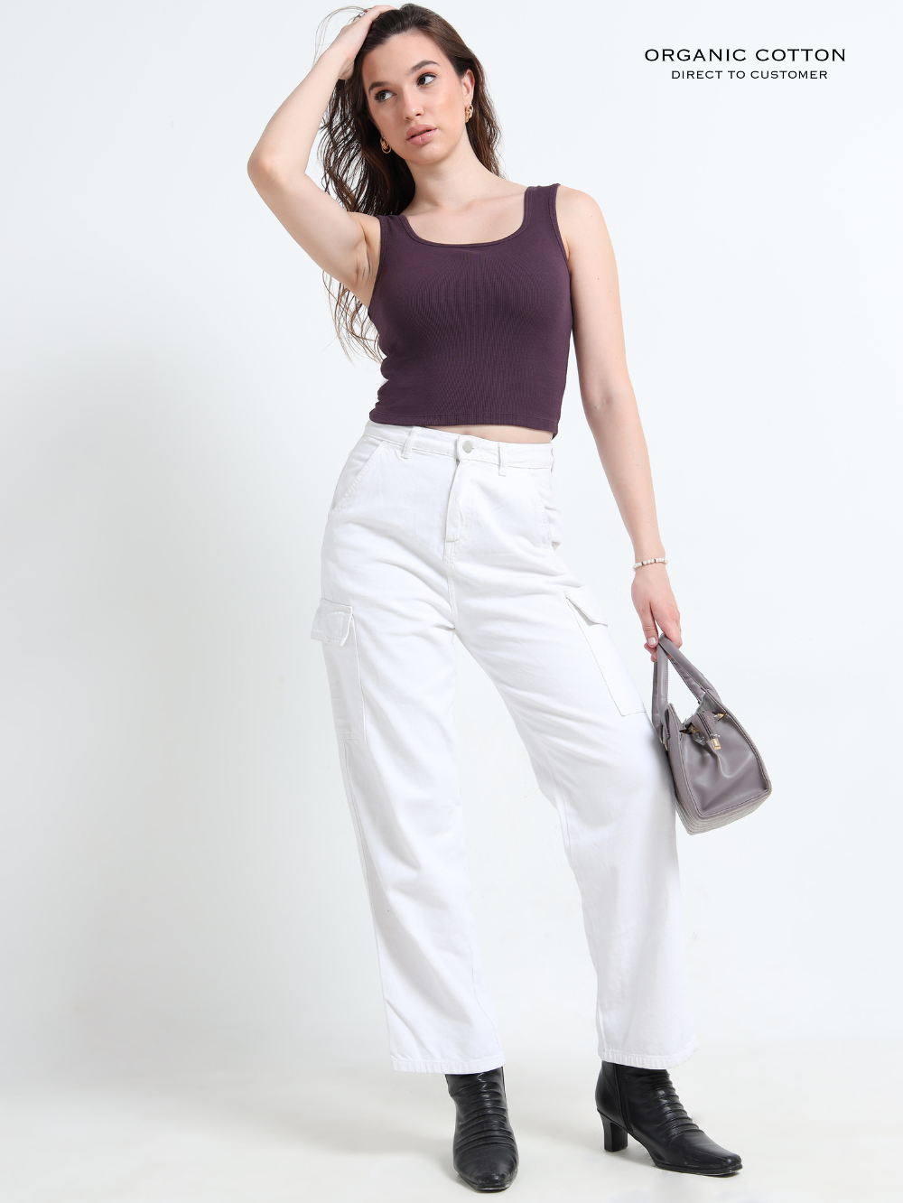 WINE ORGANIC COTTON RIB SLEEVELESS SQUARE NECK FITTED CROP TOP