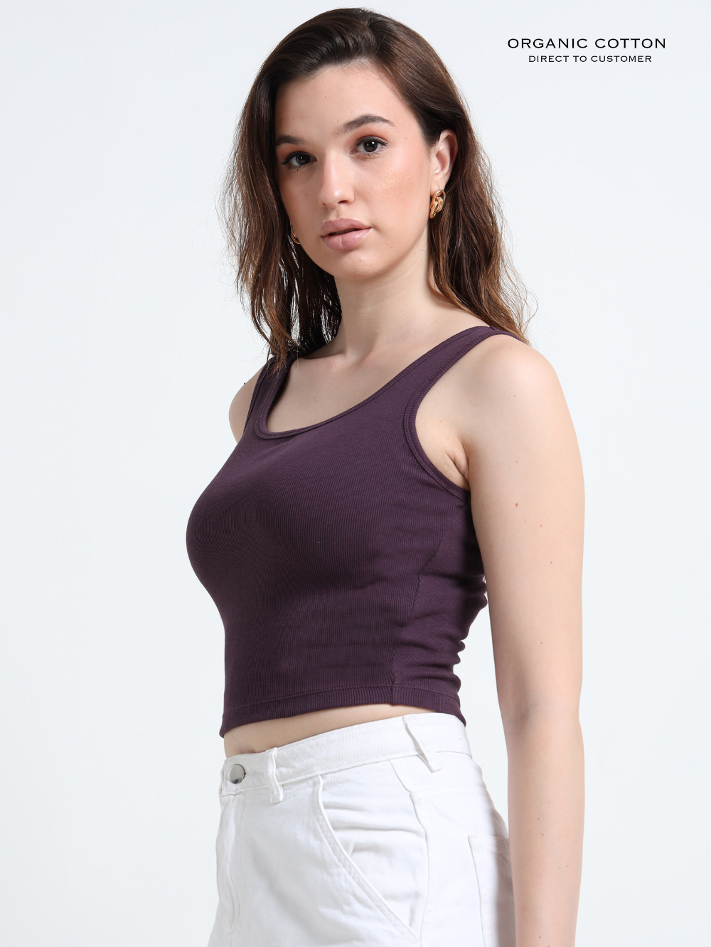 WINE ORGANIC COTTON RIB SLEEVELESS SQUARE NECK FITTED CROP TOP