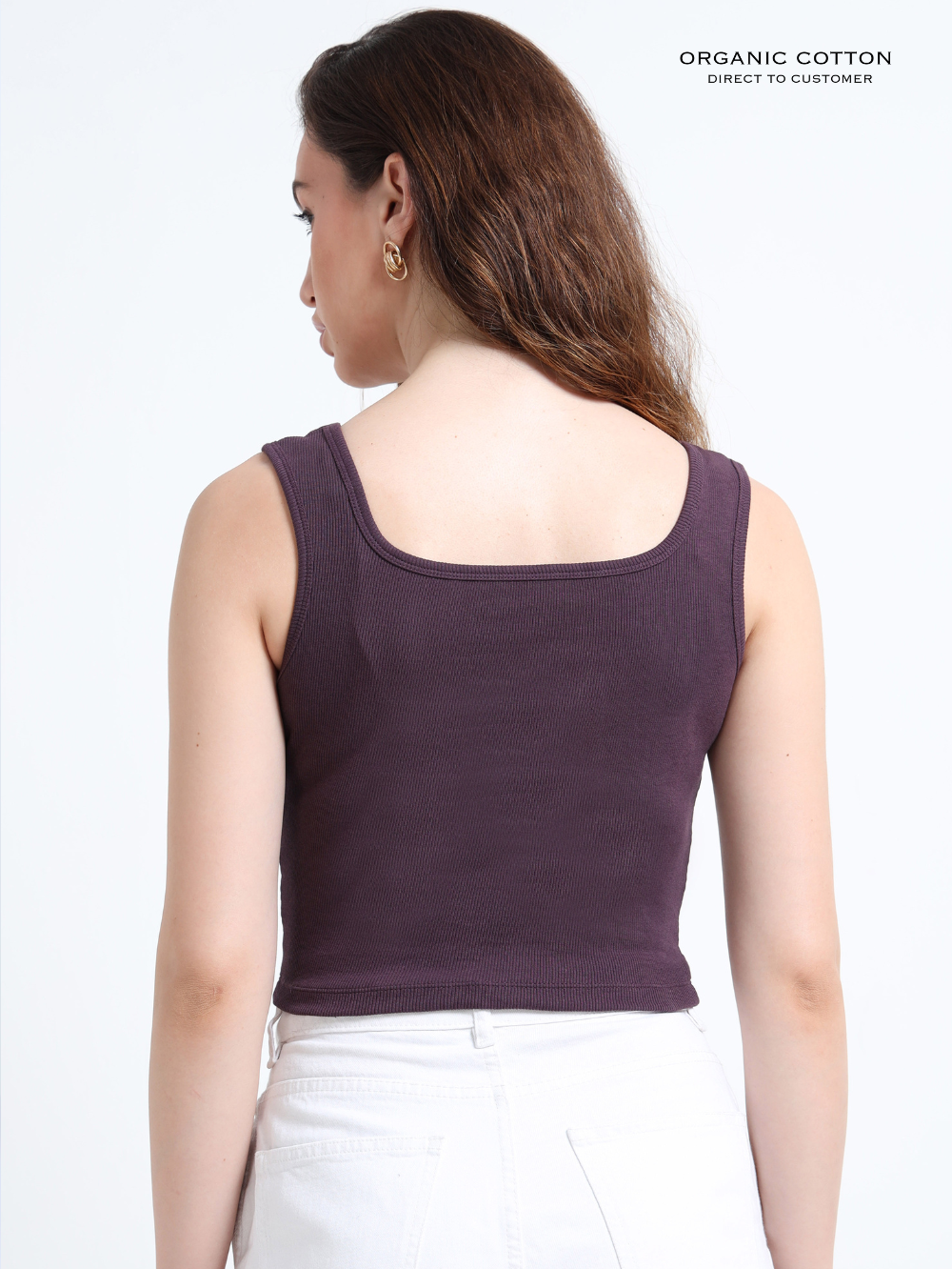 WINE ORGANIC COTTON RIB SLEEVELESS SQUARE NECK FITTED CROP TOP