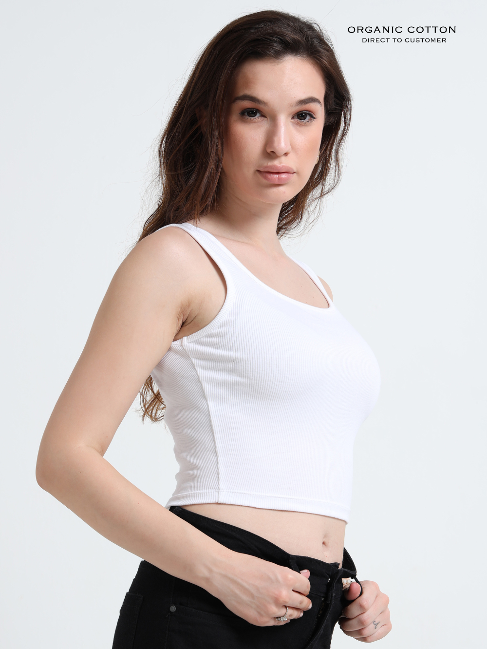WHITE ORGANIC COTTON RIB SLEEVELESS SQUARE NECK FITTED CROP TOP