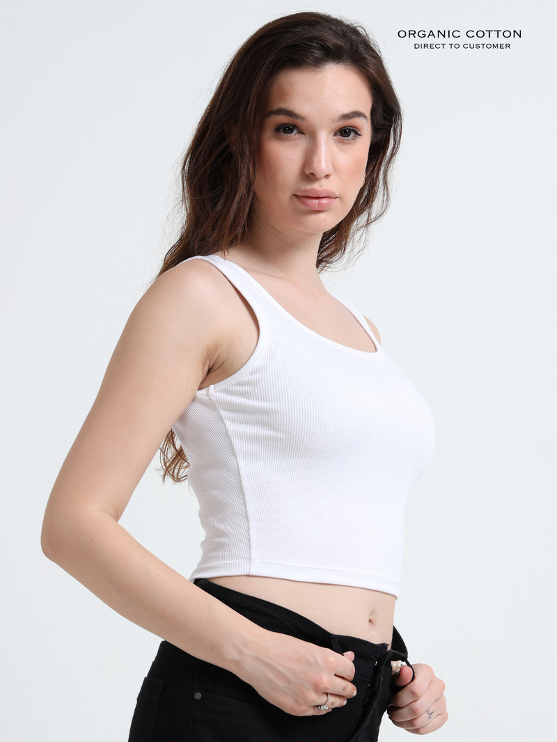 WHITE ORGANIC COTTON RIB SLEEVELESS SQUARE NECK FITTED CROP TOP