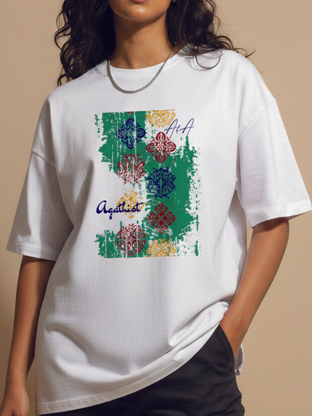 Agathist – Printed White Organic Cotton Women's Oversized Tee