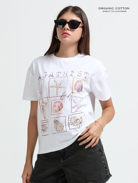 Womens Organic Cotton Oversized T-Shirt with Coastal Seashell Graphic Print – White