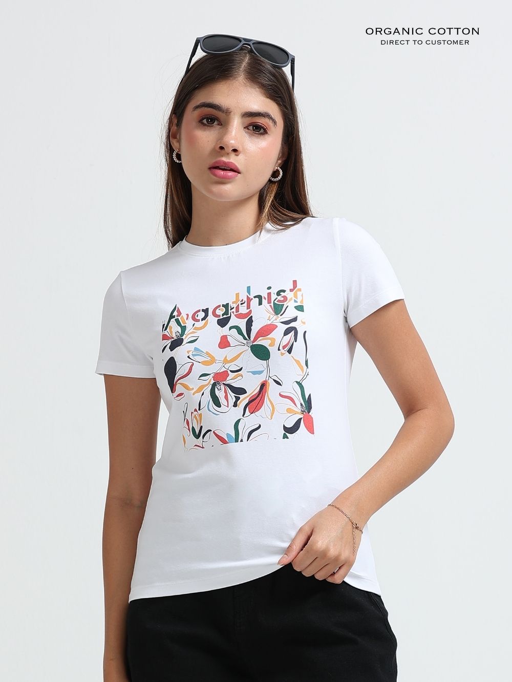 Womens Multicolor Botanical Print Organic Cotton T-Shirt – White