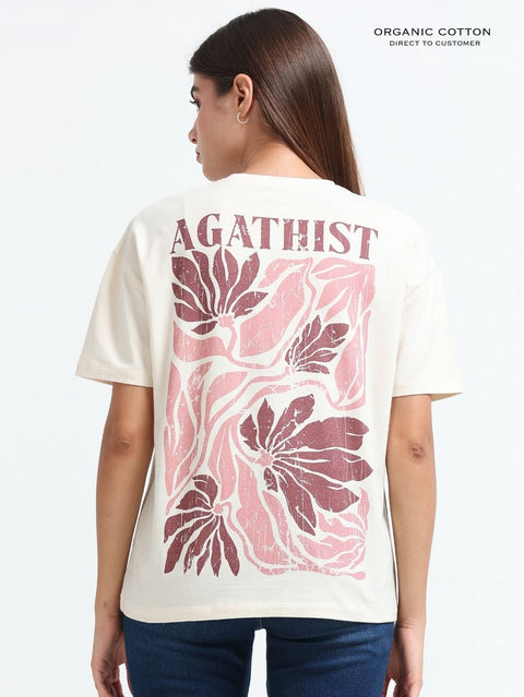 Womens Organic Cotton Oversized T-Shirt with Signature Tropical Leaf Art Back Print – Beige