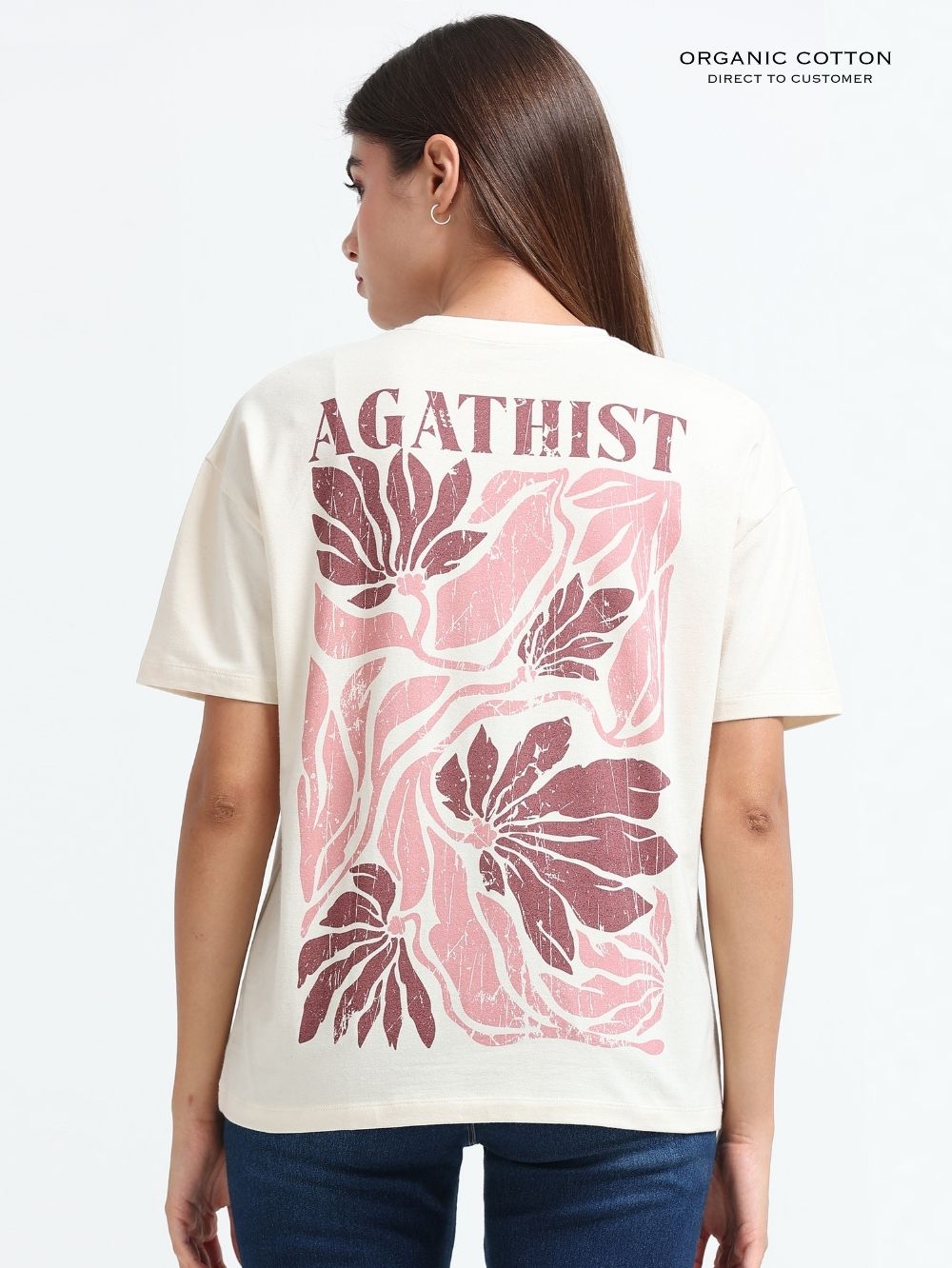 Womens Organic Cotton Oversized T-Shirt with Signature Tropical Leaf Art Back Print – Beige