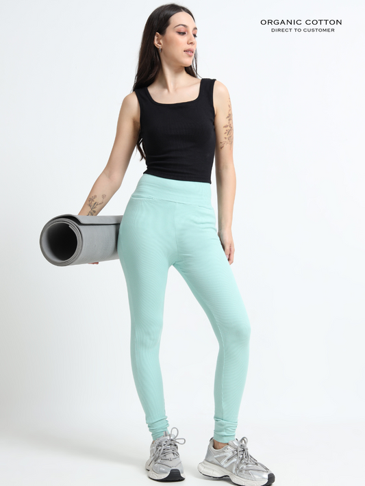 CAMEO GREEN ORGANIC COTTON RIB HIGH WAIST WORKOUT PANT