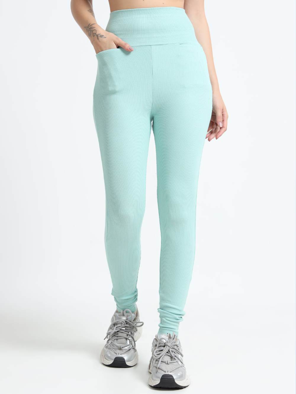 CAMEO GREEN ORGANIC COTTON RIB HIGH WAIST WORKOUT PANT