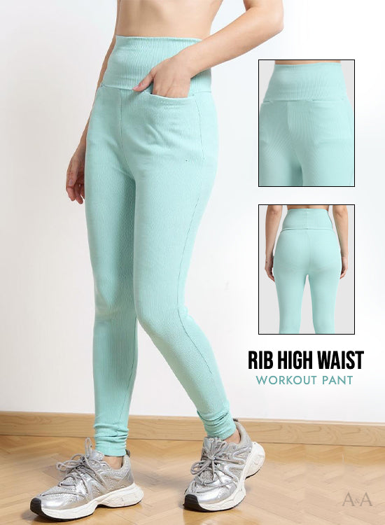 CAMEO GREEN ORGANIC COTTON RIB HIGH WAIST WORKOUT PANT