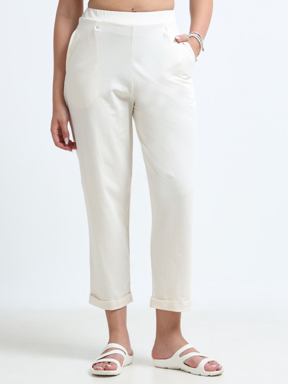 Beige Organic Cotton Womens Folded Fit Pant