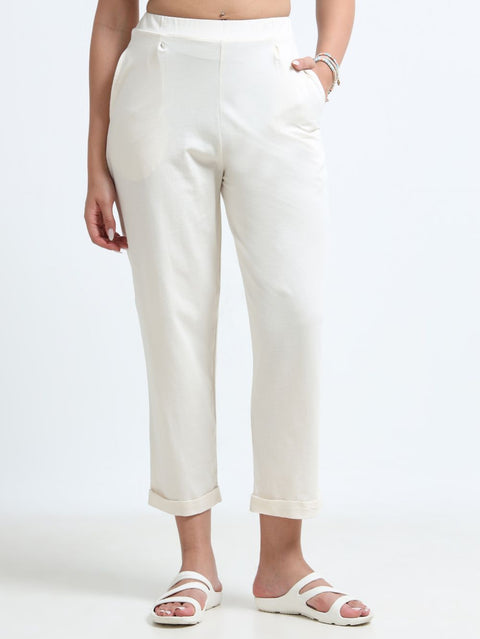 Beige Organic Cotton Womens Folded Fit Pant