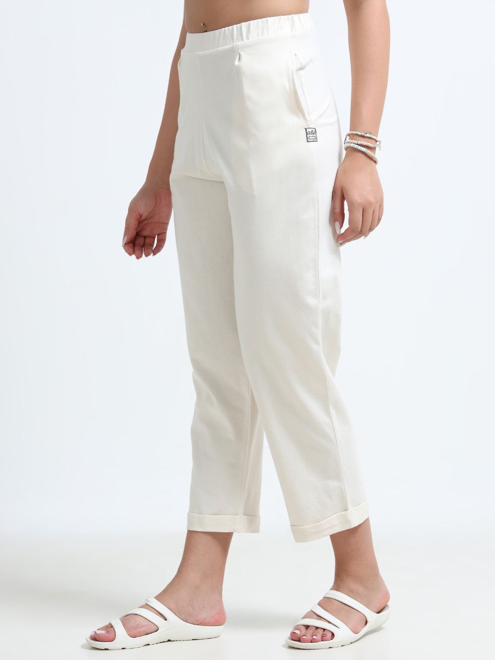 Beige Organic Cotton Womens Folded Fit Pant