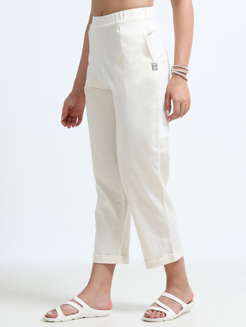 Beige Organic Cotton Womens Folded Fit Pant
