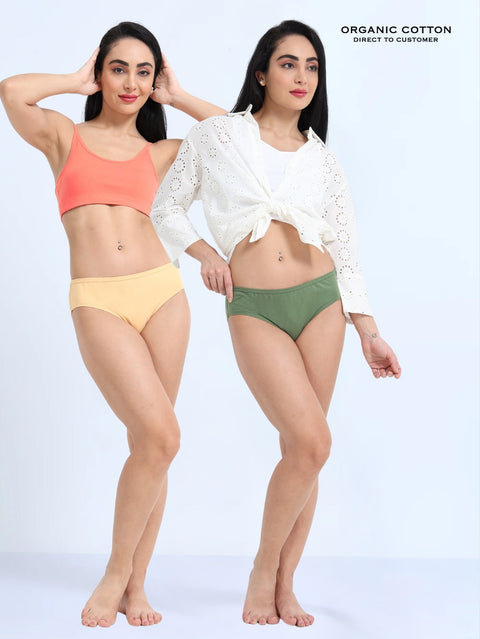 Apricot Cream and Vineyard Green Organic Cotton Mid-Waist Panty for Women - Pack of 2
