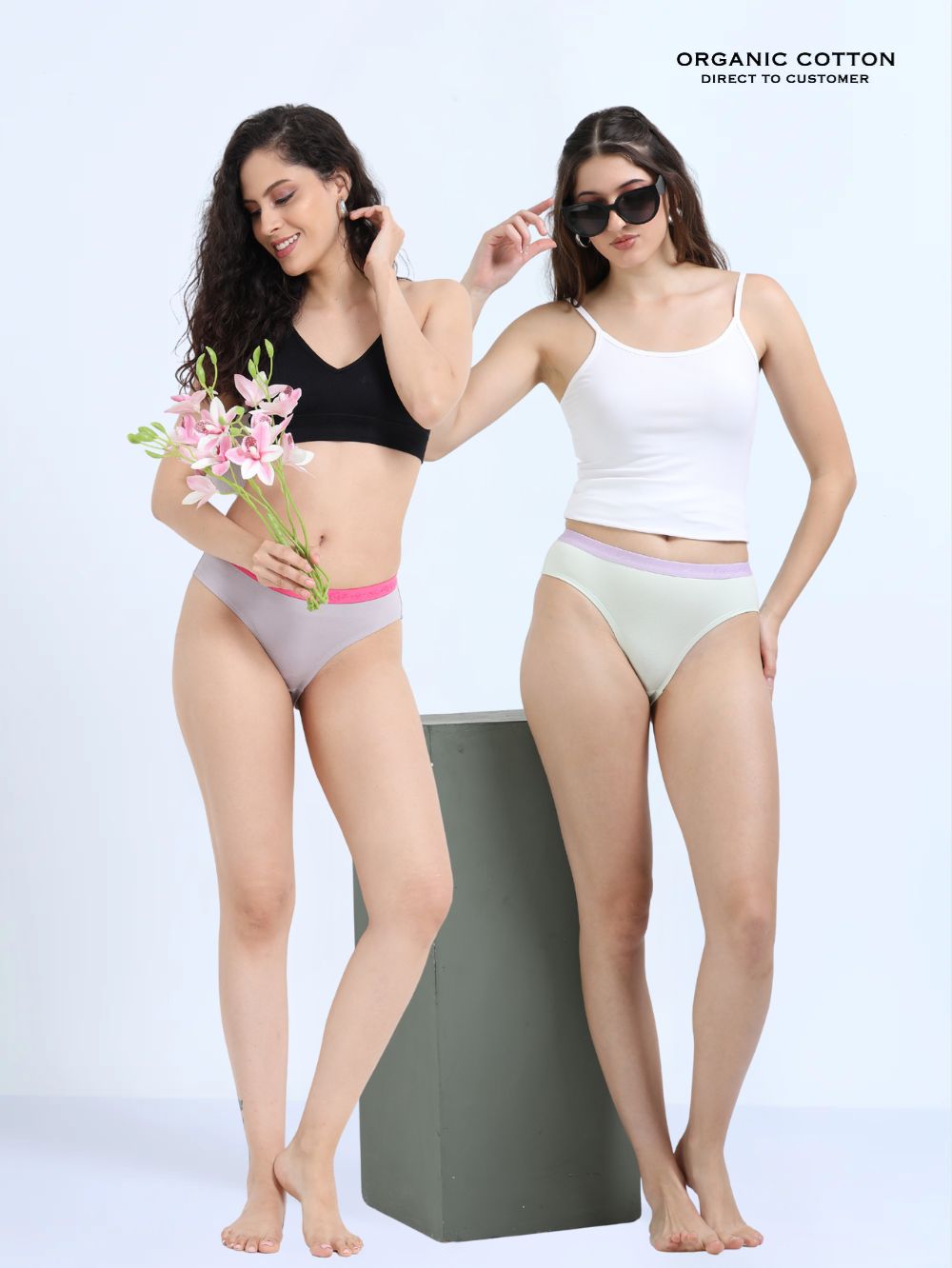 Gull Grey and Canary Green Organic Cotton Mid-Waist Panty Outer Waistband for Women - Pack of 2