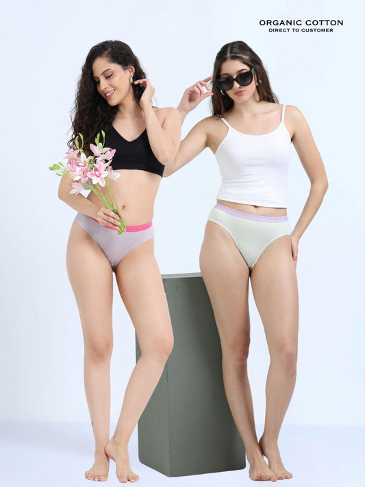 Gull Grey and Canary Green Organic Cotton Mid-Waist Panty Outer Waistband for Women - Pack of 2