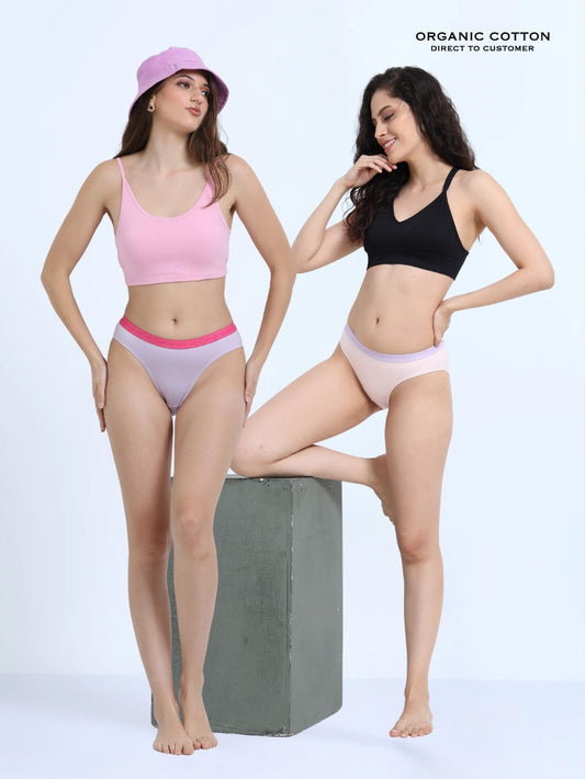 Orchid Petal and Dogwood Pink Organic Cotton Outer Waistband Bikini Panty for Women - Pack of 2