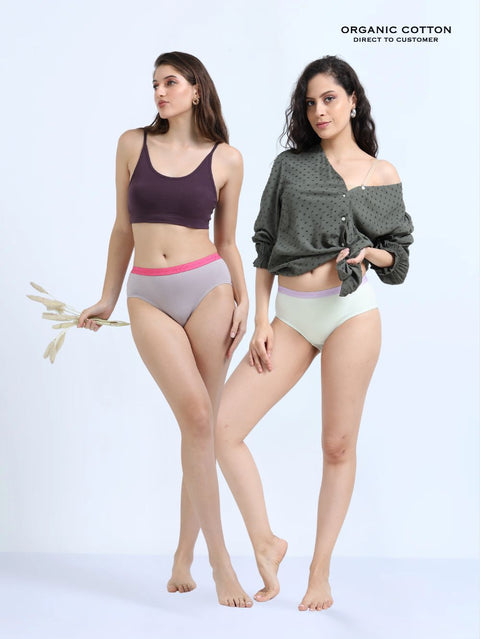 Gull Grey and Canary Green Organic Cotton Hipster Panty Outer Waistband for Women - Pack of 2