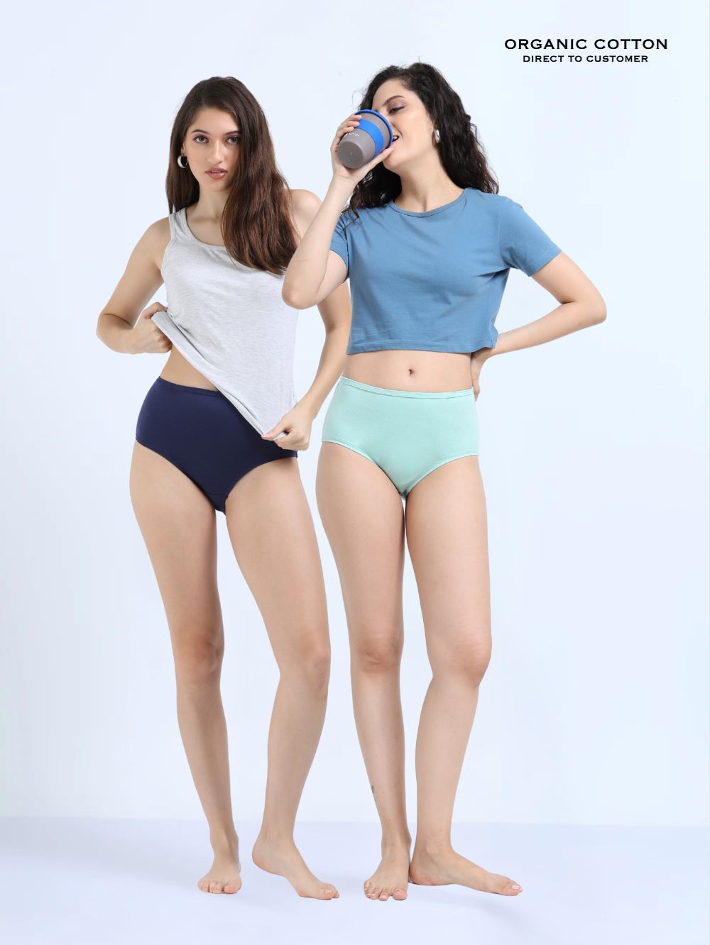 Medieval Blue and Sky Light Organic Cotton High Waist Panty Inner Waistband for Women - Pack of 2