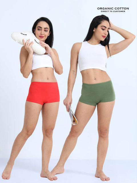 Red and Vineyard Green Organic Cotton Boy Shorts for Women - Pack of 2