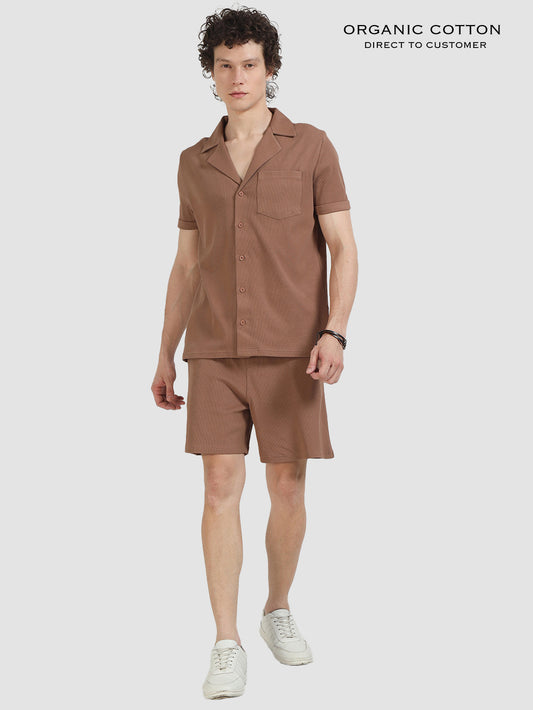 Wood Brown Organic Cotton Men's Relaxed Ribbed, Cuban Collared Co-Ord Set