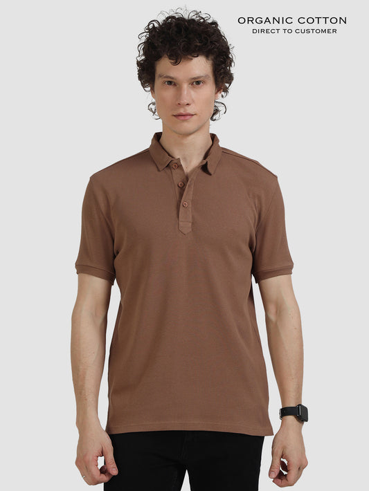 Wood Brown Organic Cotton Ribbed Polo T-Shirt for Men