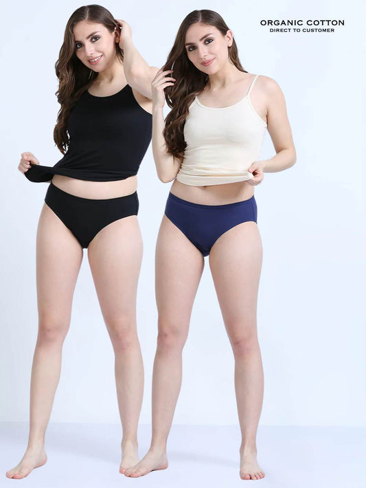 Black and Medieval Blue Organic Cotton Mid-Waist Panty for Women - Pack of 2
