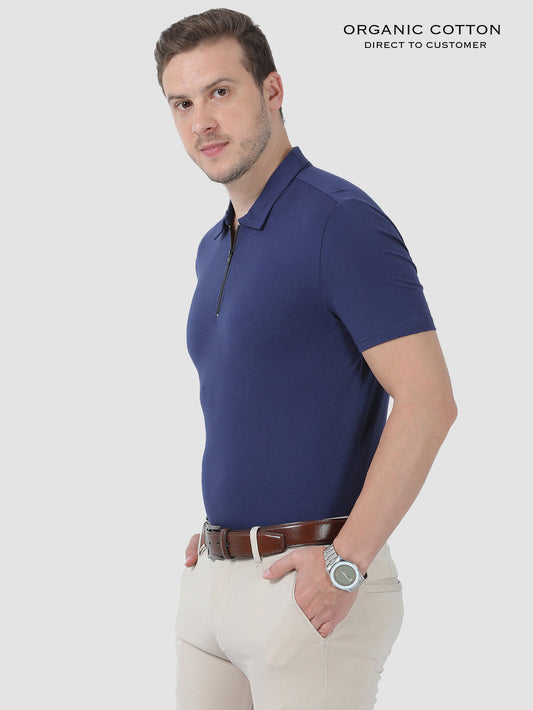 Medival Blue Organic Cotton Zipper Polo T-Shirt for Men